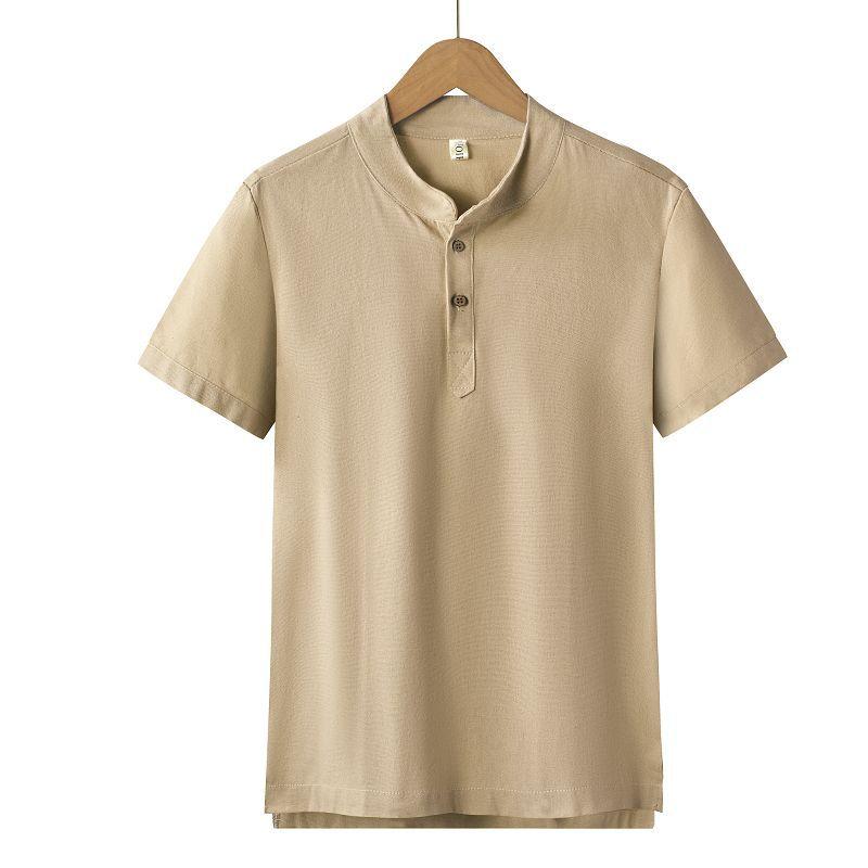 Product Introduction of Summer new top fashion casual stand collar short sleeve solid color cotton linen shirt men's fashion wear polo shirt 11