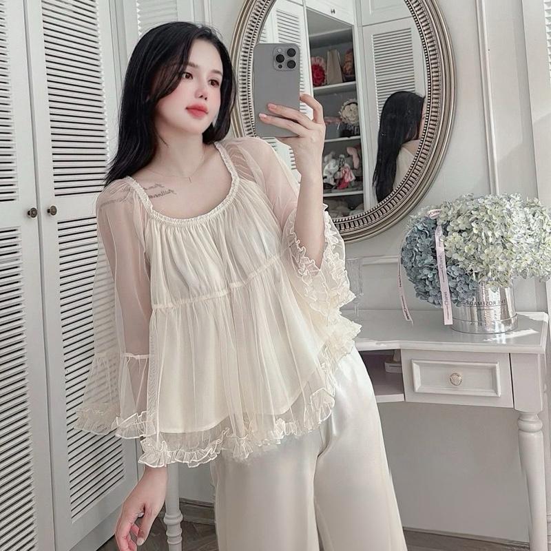  Sét Bộ Ngủ Tiểu Thư Cổ Tròn Bẹt Vai Phối chất Voan Tơ Bánh Bèo Siêu Xinh Freesize 40-60kg Cho Nữ đồ  ngủ  xinh  dễ  thương bộ  cánh  tiên  mặc  nhà 