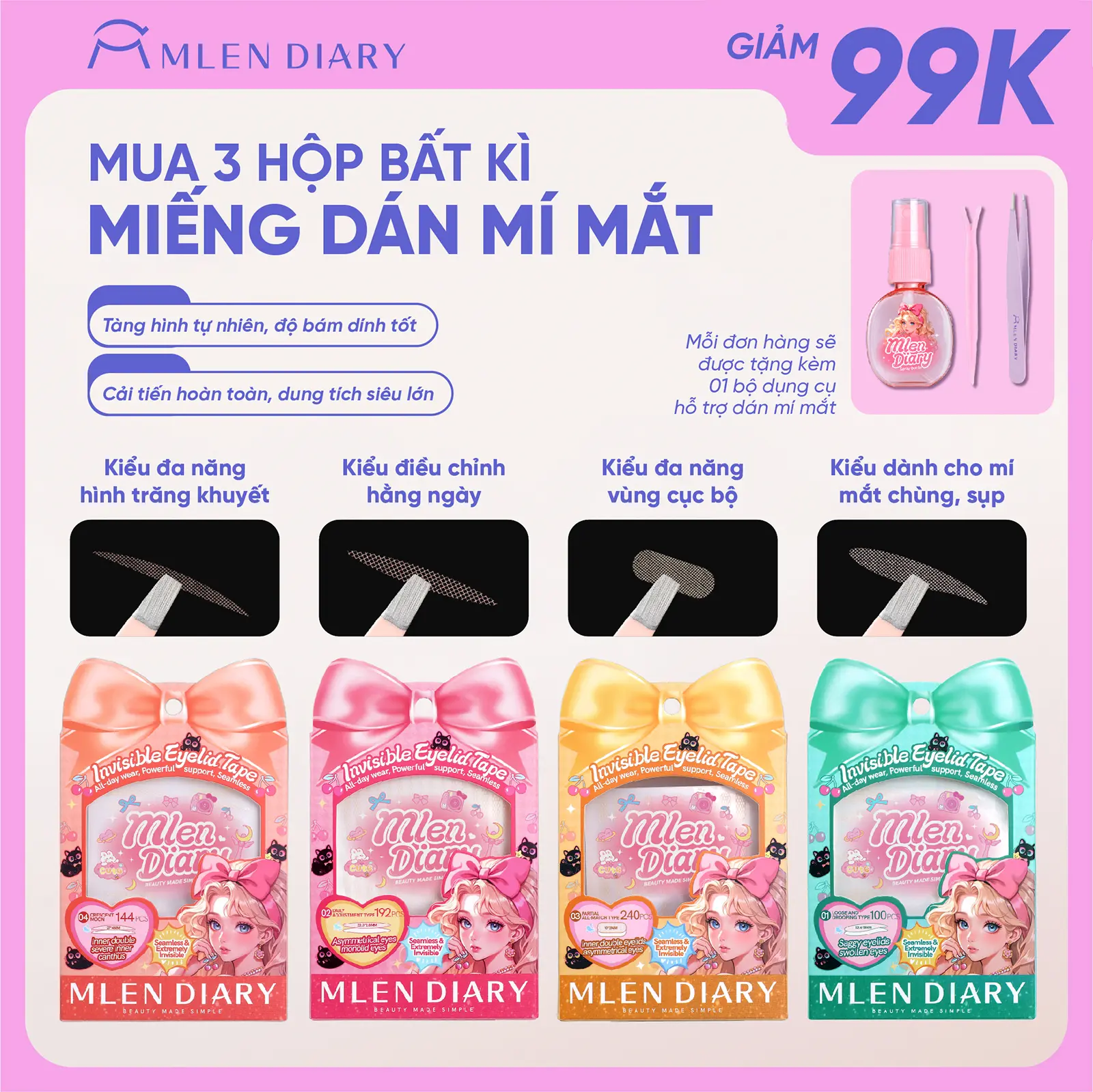 Mlen Diary - Miếng Dán Kích Mí Lưới Tàng Hình Tự Nhiên Phù Hợp Cho Mọi Dáng Mắt, Nhiều Lựa Chọn Dễ Dùng Cho Người Mới Bắt Đầu- Kích Mí Không Gây Lộ, Tự Nhiên Cả Khi Không Makeup, Mua 3 hộp được ưu đãi hơn
