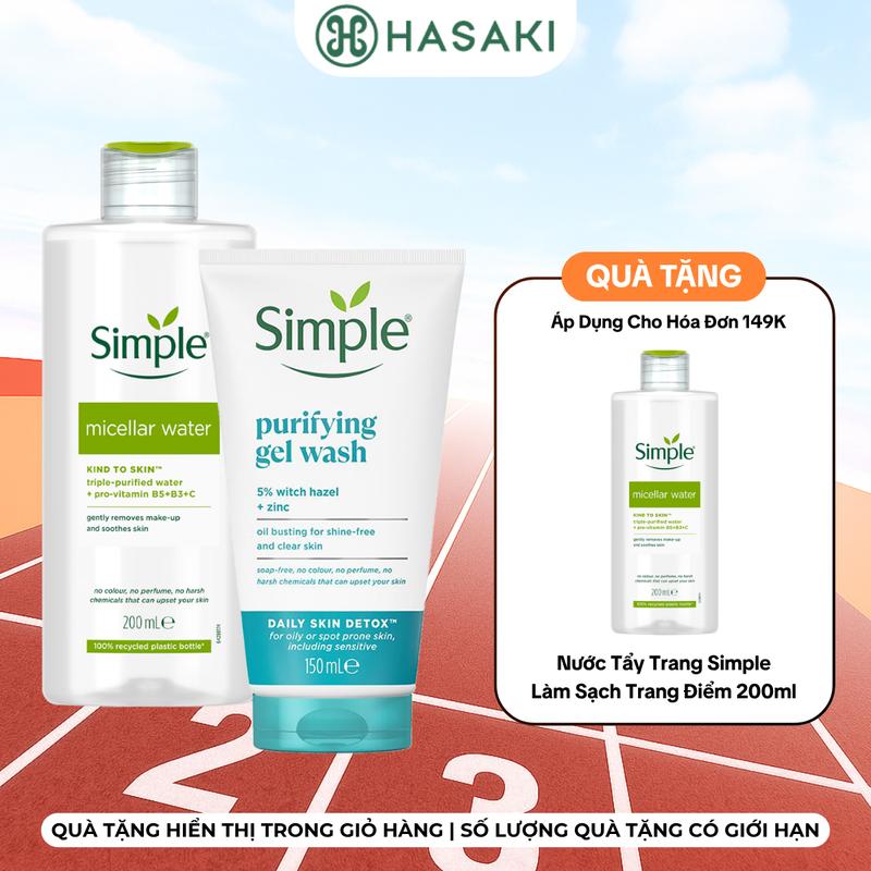 [HÓA ĐƠN 149K TẶNG NƯỚC TẨY TRANG 200ML] Combo Simple Nước Tẩy Trang 200ml + Gel Rửa Mặt Thanh Khiết, Giảm Bóng Nhờn 150ml | HASAKI BEAUTY