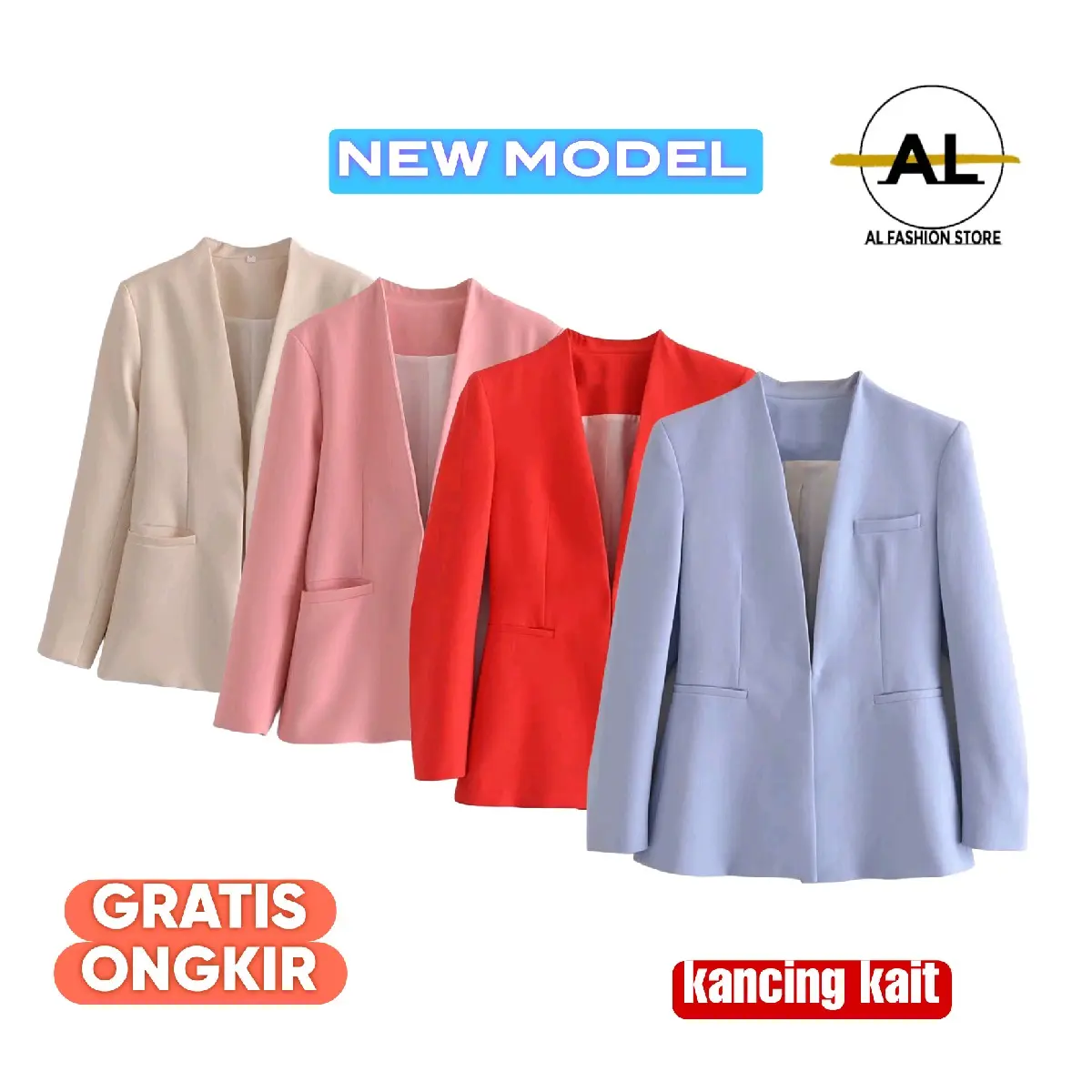 Blazer wanita casual model terbaru kancing kait tanpa kerah Semi Formal Korean Plus Size Jackets & Coats High Kantor Atasan