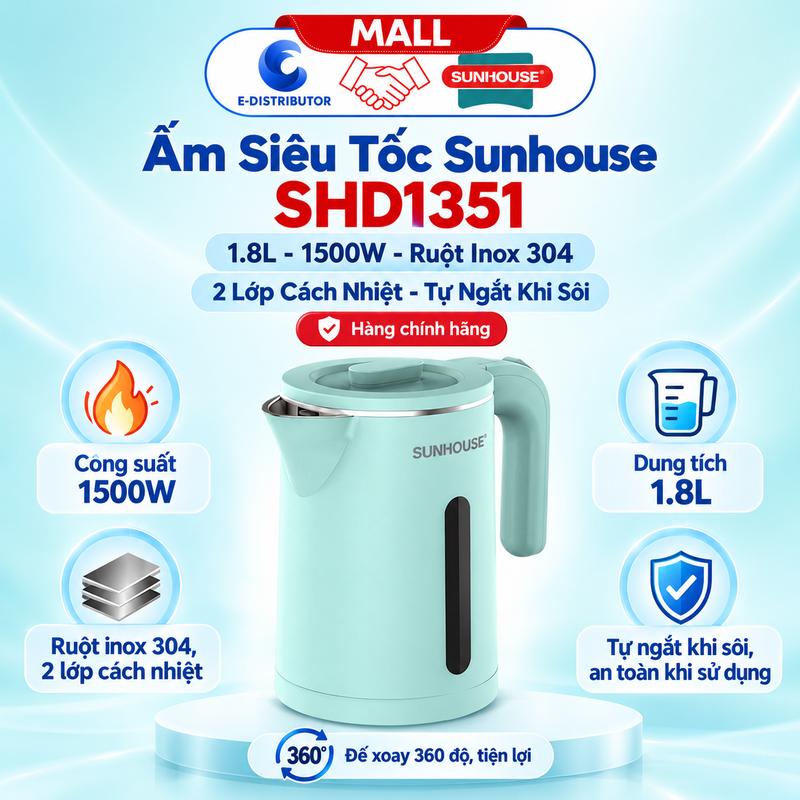Ấm Siêu Tốc Sunhouse SHD1351 1.8L 1500W, Ruột Inox 304, 2 Lớp Cách Nhiệt, Tự Ngắt Khi Sôi