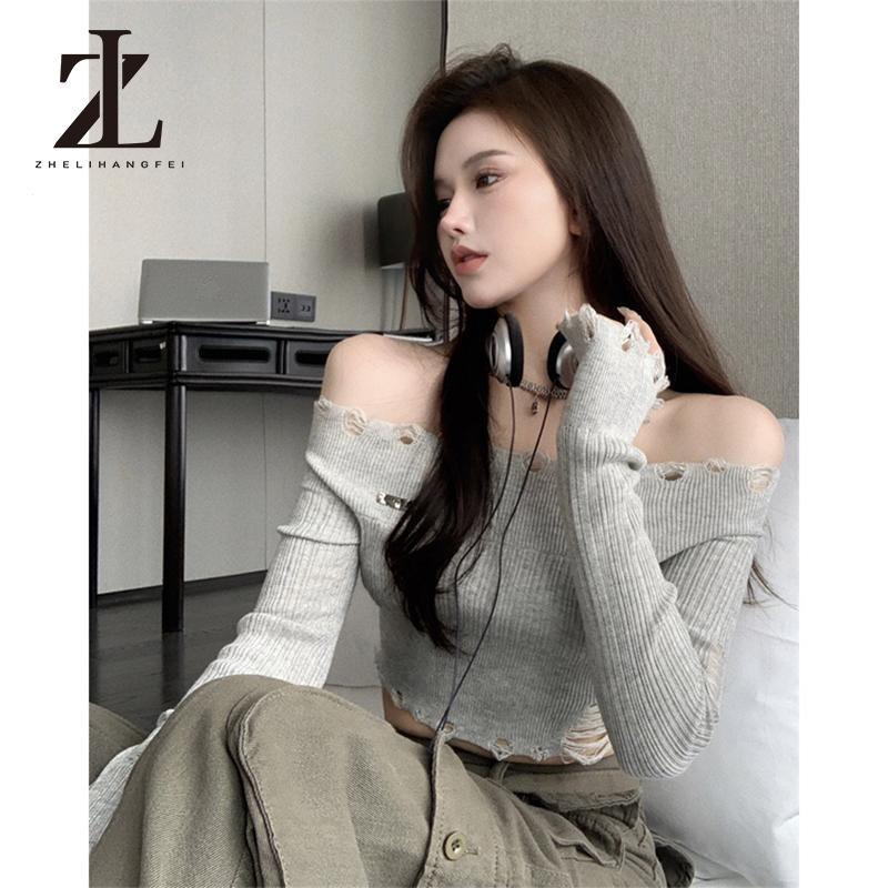 SS24 Áo Dệt Kim Trễ Vai Tay Dài Eo Cao Gợi Cảm Cho Nữ