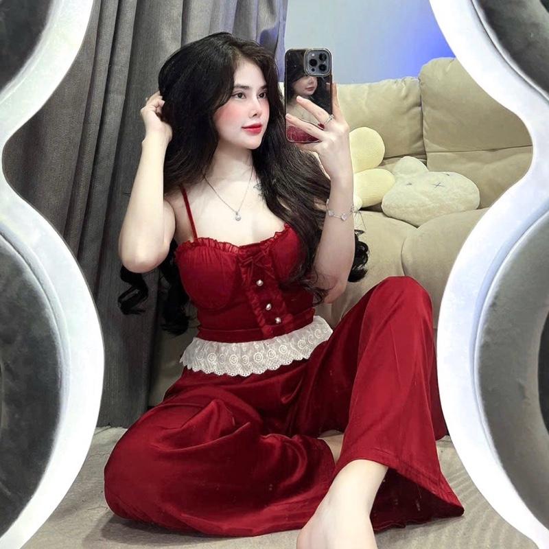 Sét bộ hai dây cúp quần dài ống rộng chất lụa mango mềm mịn (bo chun sau lưng) siêu tôn dáng cho bạn nữ  Áo Top Kem Voi Women set