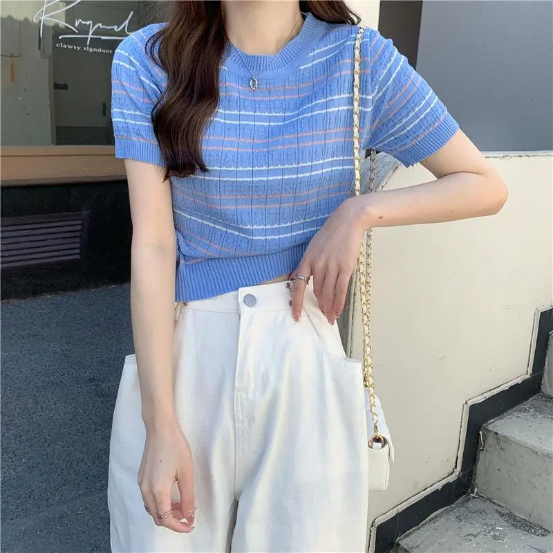 Yoona BJ478 Baju Motif Atasan Wanita Crop Top Rajut Korean Style Premium Lengan Pendek Stripe Knitwear Panjang Cardigan Hitam Sweater 5