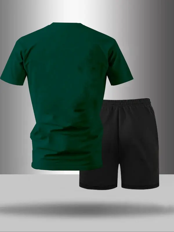 Men's Letter Print Tee & Drawstring Waist Shorts Set, Regular Fit Round Neck Short Sleeve T-shirt & Track Shorts, Casual Summer Clothes for Outdoor 7