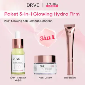 Drve Glowing Kit Bundle 3 (Retinol Essence+Brightening Day Cream+Moisturizing Night Cream) Dengan kandungan Niacinamide mampu mencerahkan wajah, menghaluskan kulit, dan menjaga kesehatan kulit