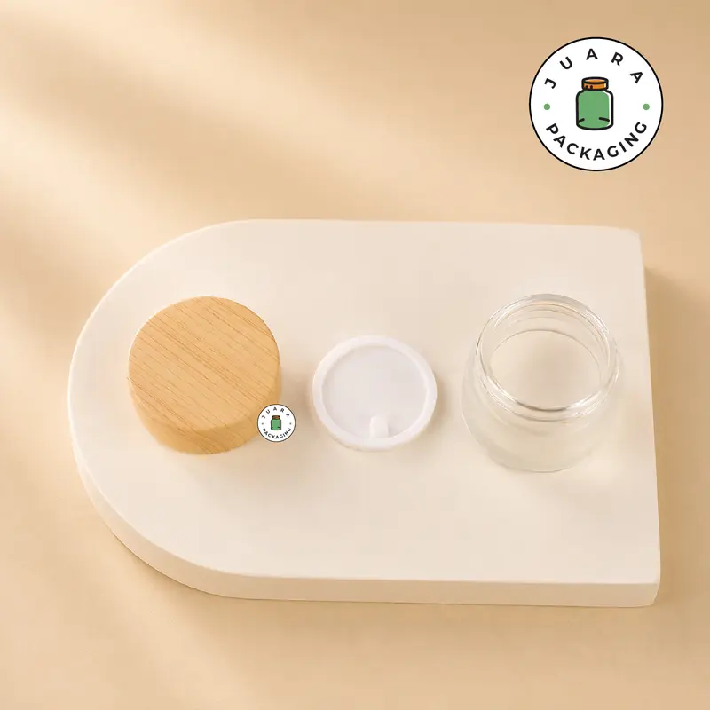 Pot Cream Kaca Buram 5gr 10gr 15gr 30gr 50gr 100gr Tutup PVC Aksen Kayu 5ml 10ml 15ml 30ml 50ml 100ml – Jar Kosmetik untuk Cream, Skincare, Moisturizer, Masker Wajah, Balm, Body Butter dan Produk Refill