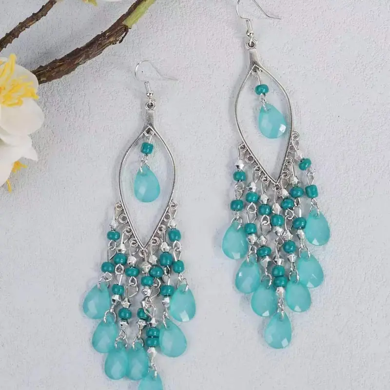Anting-anting panjang gaya Siberia dengan batu akik warna-warni 6