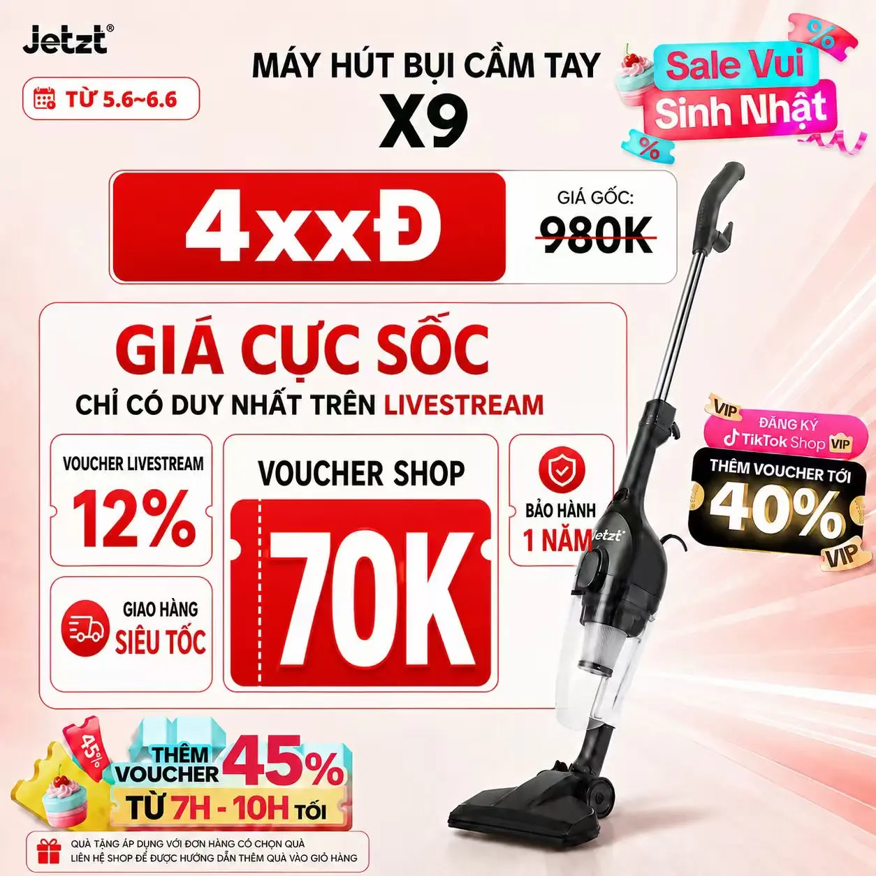 [LIVESTREAM] Máy Hút Bụi Cầm Tay Jetzt X9 NEW 19000PA! Hệ Thống Khép Kín HEPA 0.25µm Lọc Sạch 99% Bụi Mịn Lông Thú Cưng, Tránh Ô Nhiễm Thứ Cấp Bảo Vệ Mẹ Bé. Động Cơ 600W, Nhẹ 1.8kg Kèm Đầu Hút Đa Năng Làm Sạch Sàn Sofa, BH 1 Năm