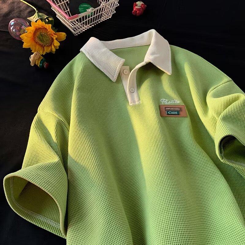 Áo Polo Có Ve Áo Tương Phản, Màu Đỏ Đậm, Nặng 230G, Áo Thun ngắn Tay Dáng Rộng Vải Bánh Quế, Tay Lửng Thích Hợp Cho Nam Và Nữ, Lý Tưởng Cho Mùa Hè Menswear 5
