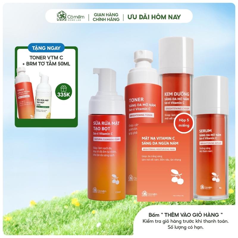 [COMBO TẶNG 2 QUÀ MIỄN PHÍ] Trọn Bộ Chăm Sóc Da Sữa Rửa Mặt, Toner, Serum, Kem Dưỡng Vitamin C Ngừa Nám Sáng Da Chiết Xuất Sơ Ri Cỏ Mềm