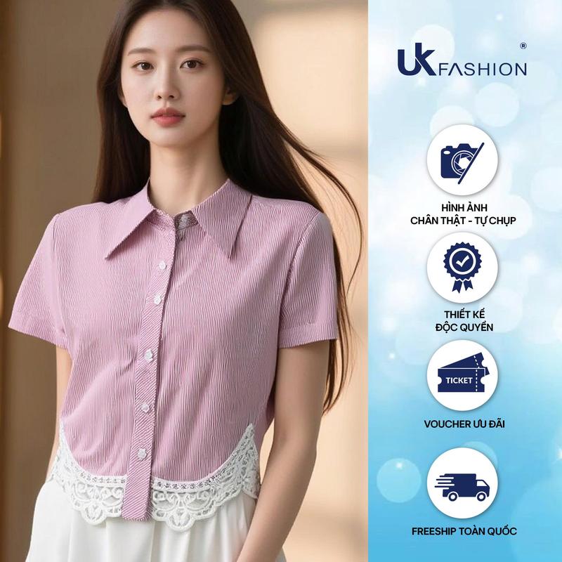Áo Sơ Mi Cộc Tay Ren Gắn Kiểu UK Fashion Công Sở Điệu Đà Nữ Tính Vải Mềm Mại UKSM2507011