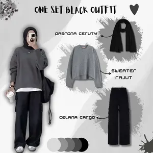 Set 3 In 1 Black Outfit Sweater Rajut, Celana Cargo Dan Hijab Pashmina Inspo OOTD Setelan Cewek Muslim Kekinian -BZ5