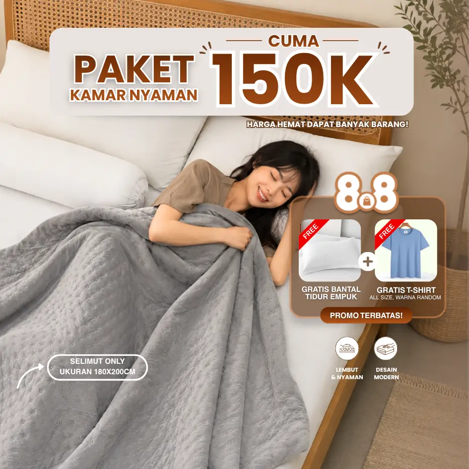 PAKET KAMAR NYAMAN Selimut Korean Style Terdapat Kaos Polos + Bantal Dacron - RAJA