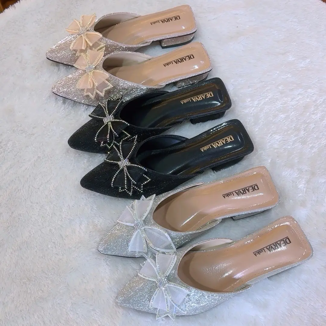 Sepatu sandal wanita 05 heels 2 cm Louisdear sepatu sendal wanita flat shoes bahan glitter Pesta Pesta