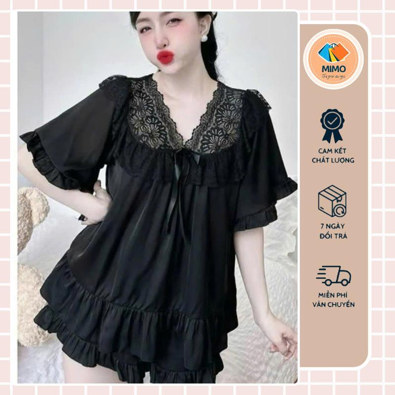 Đồ Ngủ Tiểu Thư Cổ Viền Ren Nơ Xinh Xắn - Mẫu Babydoll tay ngắn quần đùi Bigsize - Lụa Lantin phối ren - MoMi Thế giới đồ ngủ