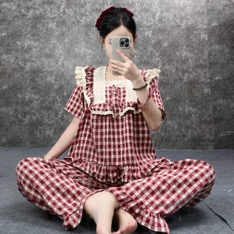 BigSize 35-65kg Bộ Đồ Ngủ Nữ Pijama Áo Cộc Tay Suông Quần Cộc Và Quần Dài Nơ Ngực - Chất Đũi Nhung Cao Cấp Dáng Tiểu Thư Đồ Mặc Ở Nhà Đồ Pijama