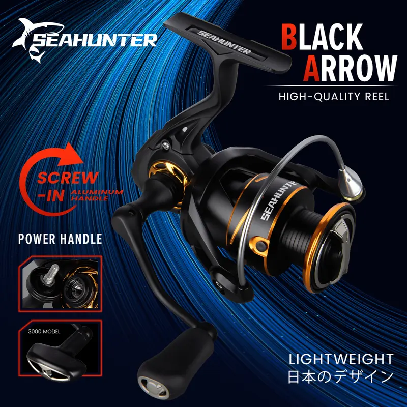 SEASIR x SEAHUNTER BLACK ARROW 1000-3000 Reel Pancing Putar, Power Handle Reel Tahan Air Kumparan Dangkal Aluminium, Bantalan Bola 5+1, Rasio Gir 5.2:1, Tarikan Maksimal 13KG, Gir Utama Logam Tarikan Kuat Lebih Halus Berkualitas saltwater Laut 5