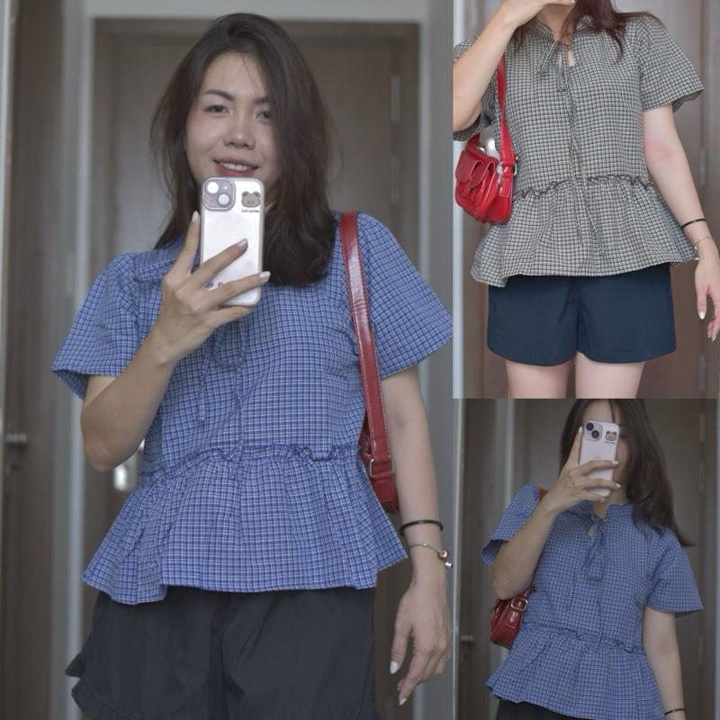 (CARO XANH/NÂU) Áo babydoll cổ tàu cột nơ bigsize 90kg - Miabigsize