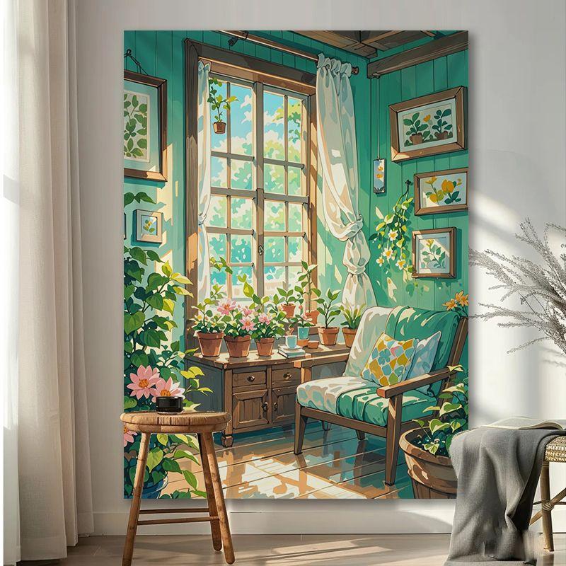 Vải nền hoa phong cảnh cửa sổ, phong cách Instagram, màu ấm, vải treo, thích hợp cho phòng, phòng ngủ, ký túc xá, phòng Khách, vải treo tường trang trí Studio 1