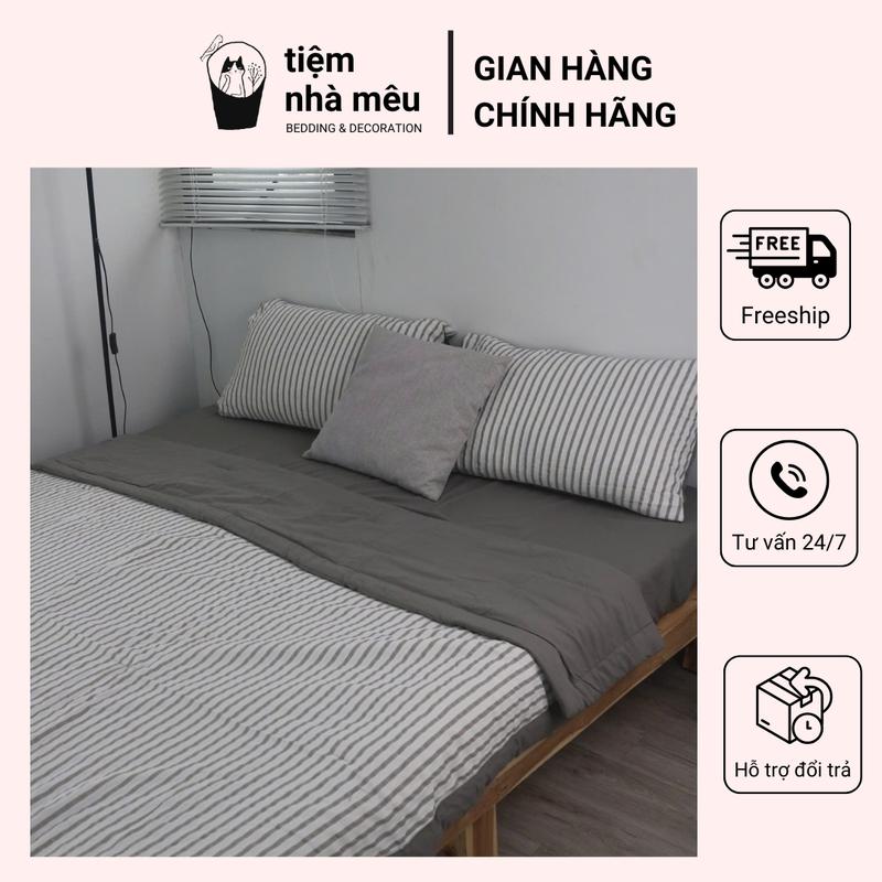 [Tiệm Nhà Miêu] Bộ Chăn Chần Ga Gối Đũi Mềm Mịn - Bông Sơ Đậu Nành - Họa Tiết Kẻ Nhún