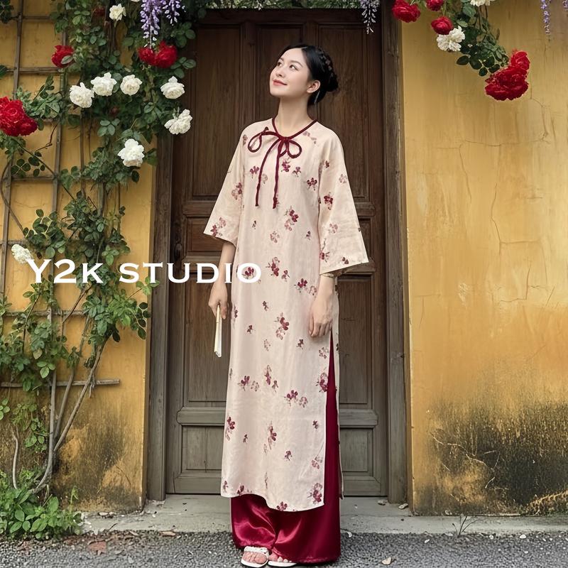 SET áo dài cách tân nữ Tết 2026 thiết kế cổ tròn buộc nơ phối quần lụa mềm mặc Tết - đi chùa - chụp ảnh phối đồ cực xinh