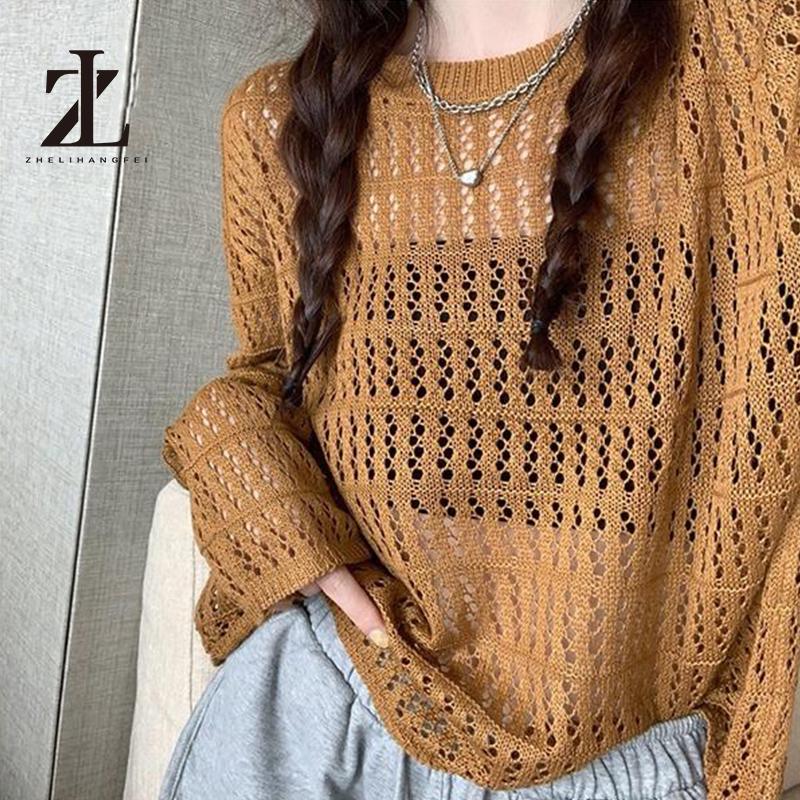 Áo Dệt Kim Tay Dài Chống Nắng Dáng Rộng Phong Cách Preppy