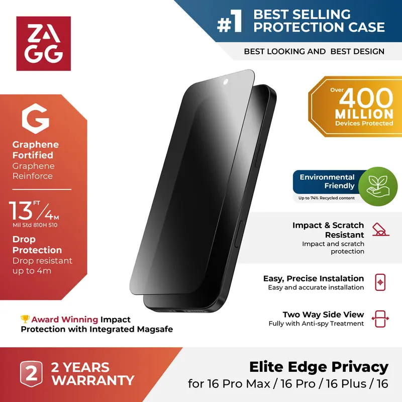 ZAGG Tempered Glass Elite Privacy Compatible For iPhone 16 Pro Max / 16 Pro - Screen Protector 0