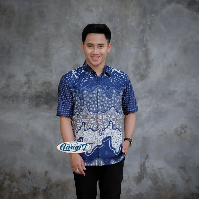 FRONT CHOICE - TERBARU COUPLE BATIK AYAH DAN ANAK LAKI LAK || KEMEJA BATIK PRIA DEWASA DAN ANAK LAKI LAKI MODERN MOTIF OMBAK BIRU 4