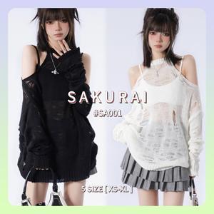 SAKURAI การ์ดิแกนหนังสือนางเอก สไตล์เกาหลี 2025  ผ้าถักลายโปร่ง แขนปีกนางฟ้า สายคล้องคอ ใส่สวยทุกโอกาส สีดำ-ขาว สำหรับสาวๆ XS-XL #SA001