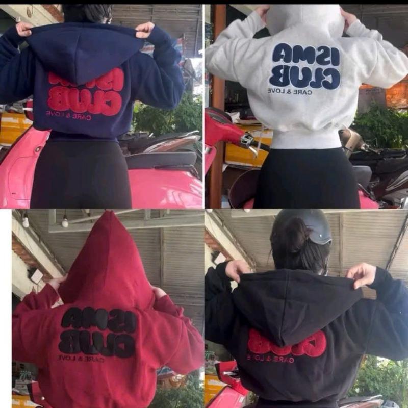  ISMA CLUB Áo Khoác Nỉ Bông Dáng Lửng Thêu Chữ ISMA CLUB 2 Túi Ngoài 2 Túi Trong Bao Tay Xỏ Ngón Form Croptop Phong Cách Hiện Đại 