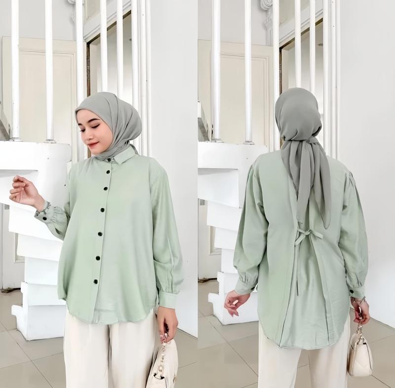 Atasan Kemeja Basic Wanita Tali Belakang Polos Bahan Polo Linen Premium 4