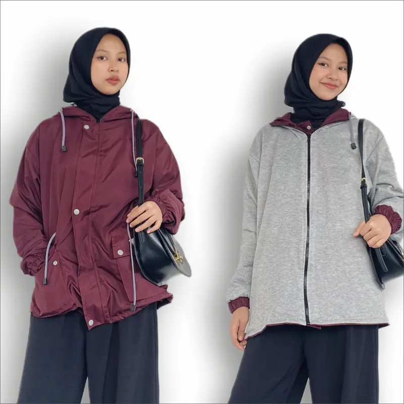 Jaket Wanita Bb 2 in 1 Bolak Balik Parasut Warna Hitam Pink Size L-XL-XXL 2