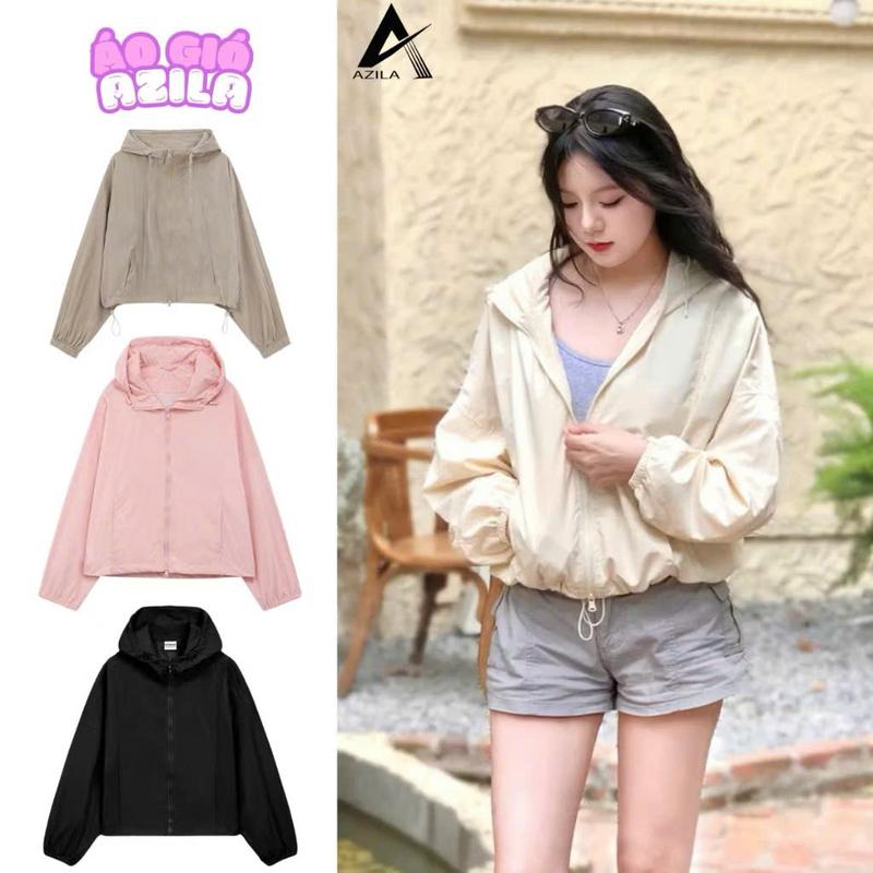 [Cao Cấp ]Áo Khoác dù nữ AZILA dáng lửng Có Mũ Dây Rút Chắn Gió Chống Nắng Hàn Quốc Form Croptop