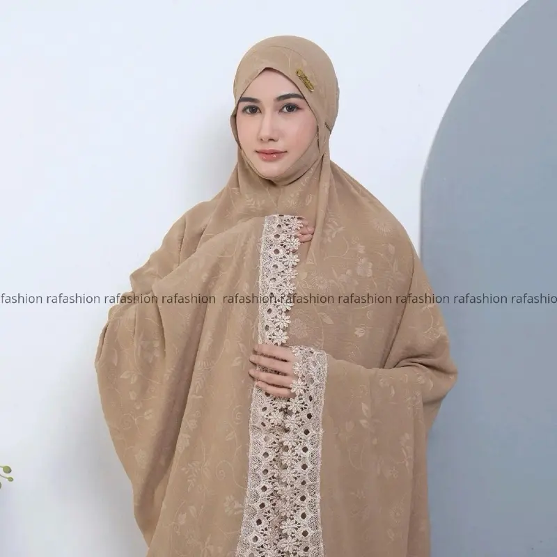 Ra Fashion - Mukena Shakilla Dewasa Embos Crinkle Airflow Syar'i Penutup Dagu motif Bunga Mewah Renda Cantik Panjang Atasan Traveling Beli Lokal