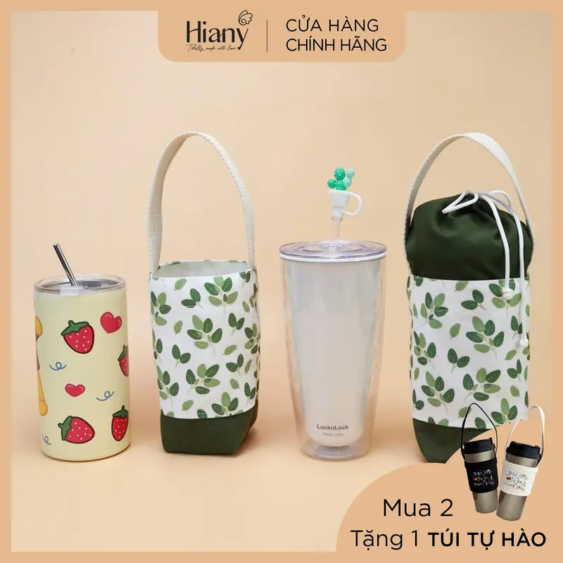 [MUA 2 TẶNG 1 TÚI TỰ HÀO] Túi đựng ly đựng bình nước bottle bag vải canvas phối vải in hình cành lá thạch nam Hiany AX12 0