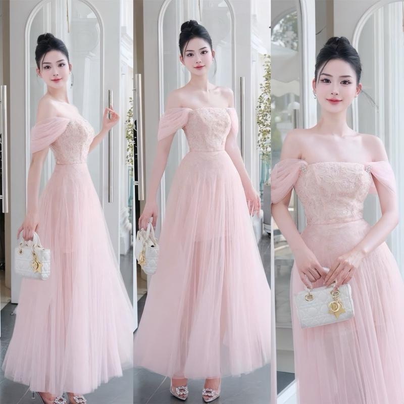 Váy thiết kế trễ vai lưới dáng dài phối ren hoa nổi tiểu thư - Như Quỳnh tl16