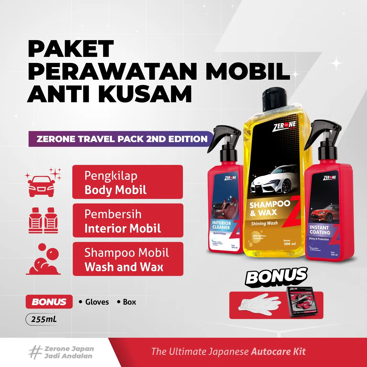 ZERONE Travel Pack 2nd Edition - Paket Lengkap Pengkilap Body Mobil, Pembersih Interior, & Sabun Cuci Mobil Motor - Perlindungan UV & Efek Glossy