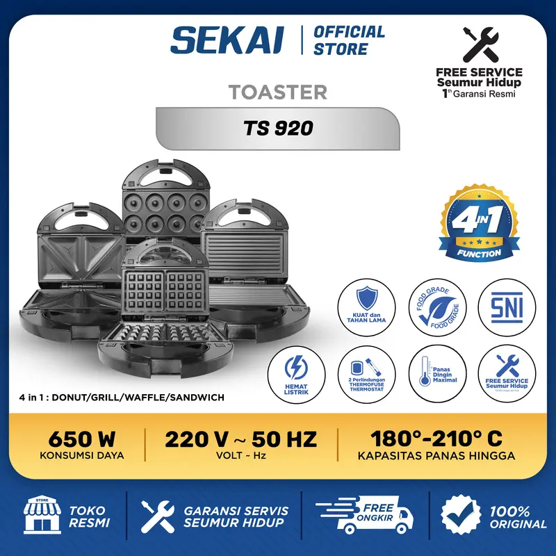 SEKAI TS 920 4IN1 Sandwich Maker Toaster Pemanggang Roti Waffle Donat 0