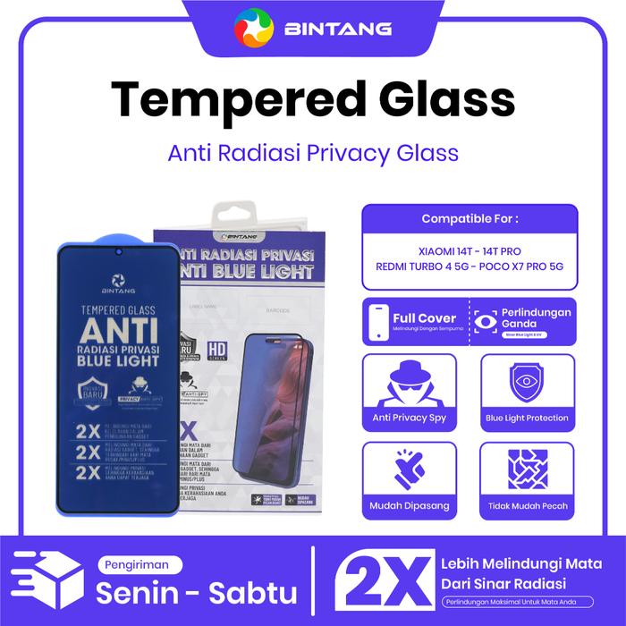 Gambar BINTANG Tempered Glass Anti RADIASI PRIVASI Anti Bluelight Fullcover For XIAOMI 14T/14T PRO/RM TURBO4 5G/POCO X7 PRO 5G dari Bintang Official Store Kota Tangerang Tokopedia
