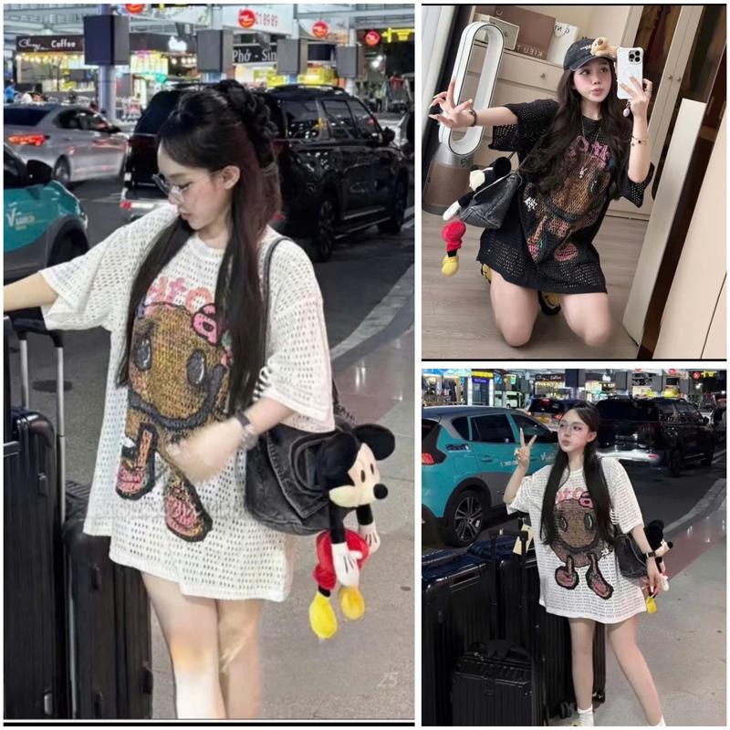 [ Tặng Kèm Áo 2 Dây ] Áo Phông Lưới Lỗ Form Rộng In Hình Cộc Tay Cổ Tròn Trẻ Trung