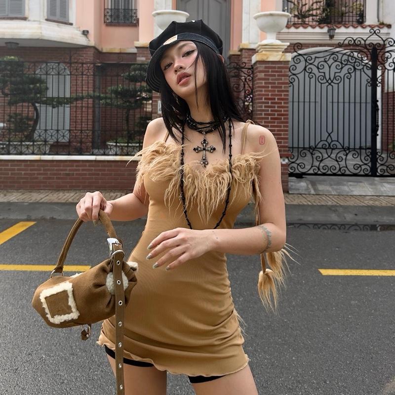  váy 2 dây mix viền LÔNG RỐI nhabachtuoc   mess fur body dress   