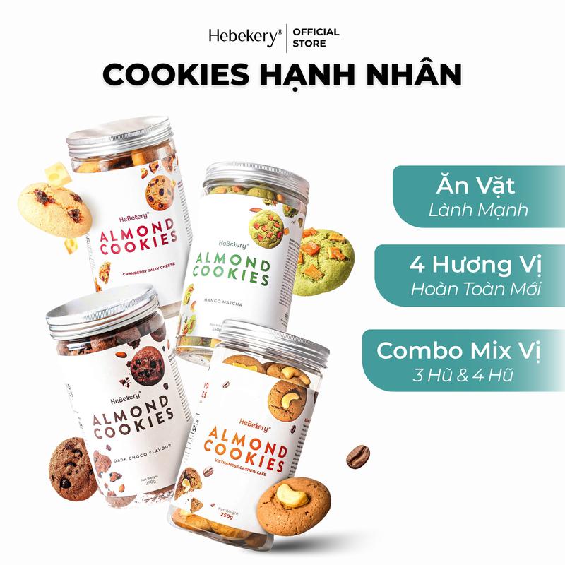 COMBO MIX VỊ 3 Hũ & 4 Hũ Cookies Hạnh Nhân Nguyên Cám 4 Vị Dark Choco - Mango Matcha - Cranberry Salty Cheese - Cashew Cafe - 250 gram Bánh Cookies Ăn Vặt Chuẩn Healthy HeBekery by HeBe Food Snack Socola