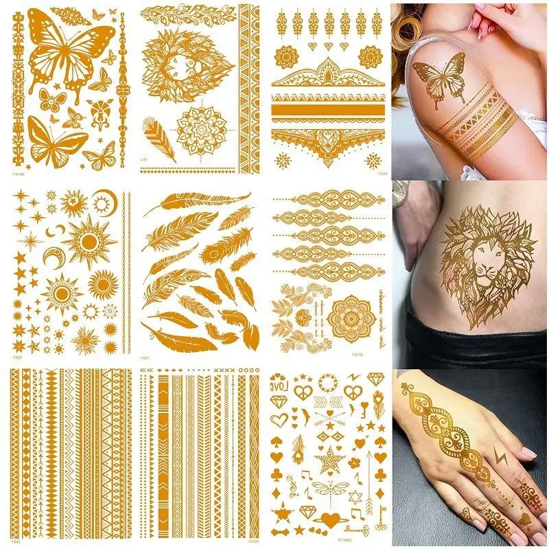 Metallic Temporary Tattoo Sticker, 9 Counts/set Glitter Fake Tattoo Sticker, Body Art Decoration for Women & Girls 0
