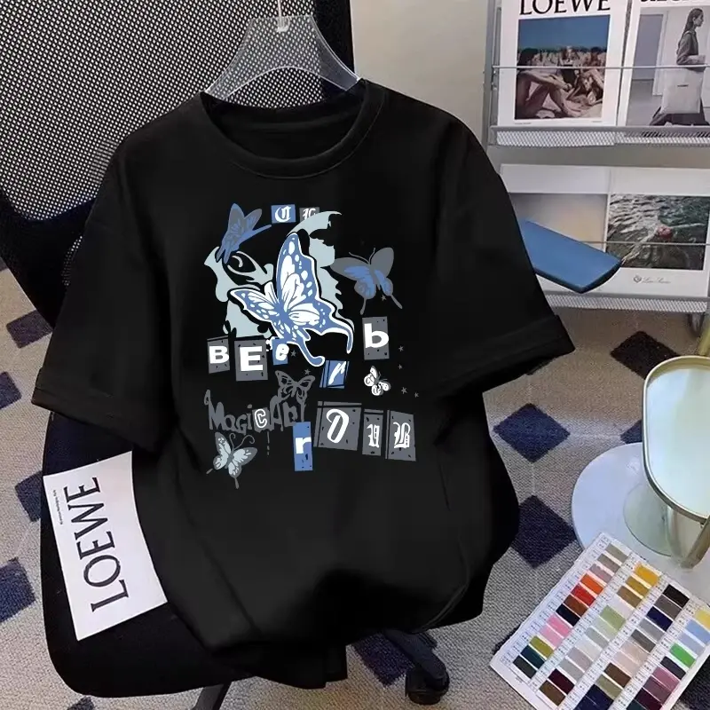 Kumi Kaos Oversize Motif Kupu-Kupu Hitam Atasan Musim Panas Katun Unik untuk Wanita