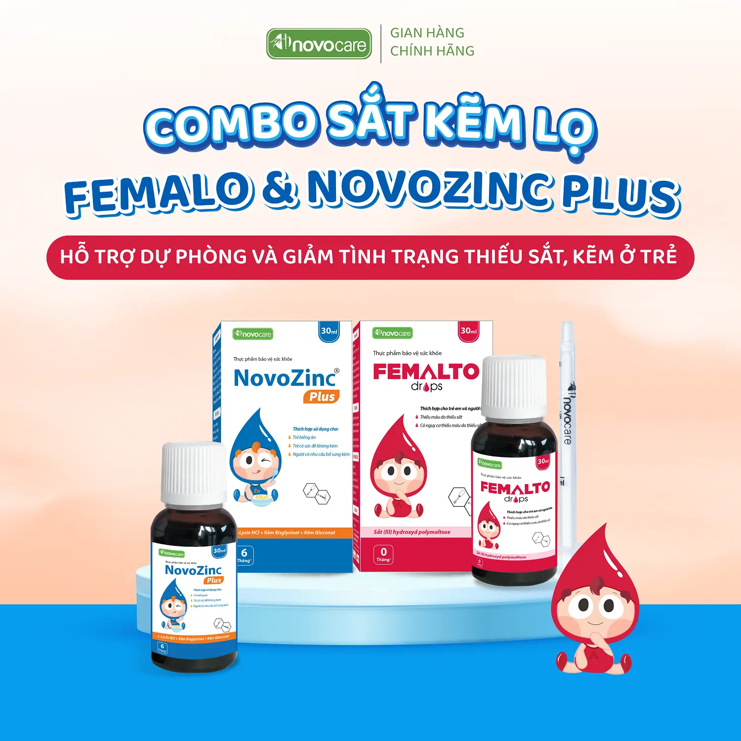 Combo sắt kẽm Drops Family hữu cơ cho bé - Sắt hữu cơ Femalto và Kẽm hữu cơ NovoZinc Plus dạng lọ kèm xi lanh