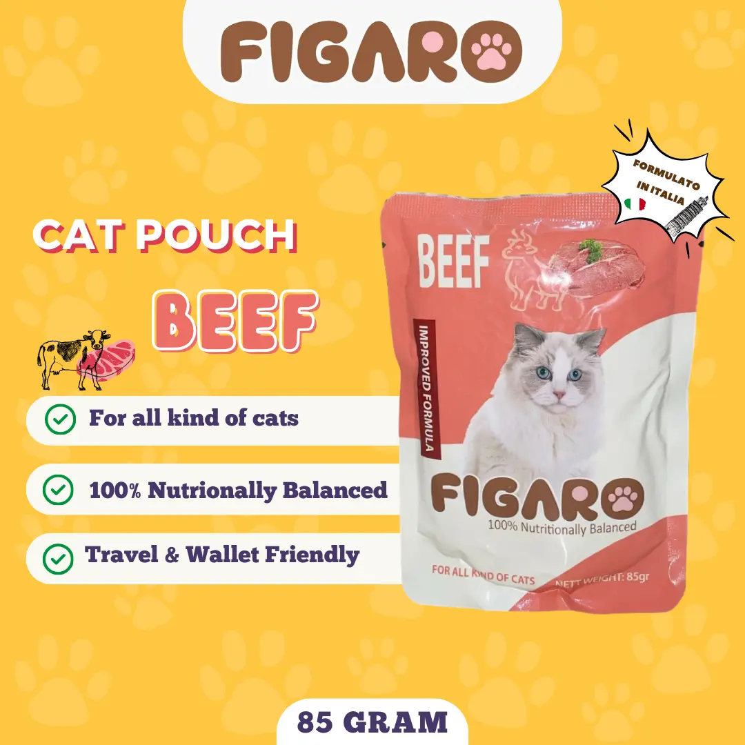 FIGARO CAT POUCH - BEEF 85 Gram Makanan Basah Kucing Adult Kitten Wet Food Sachet Saset Sobek All Stage Snack Creamy Strip Treats Treat PREMIUM INGREDIENTS INGREDIENT BAHAN FORMULATO IN ITALIA FORMULATED IN ITALY