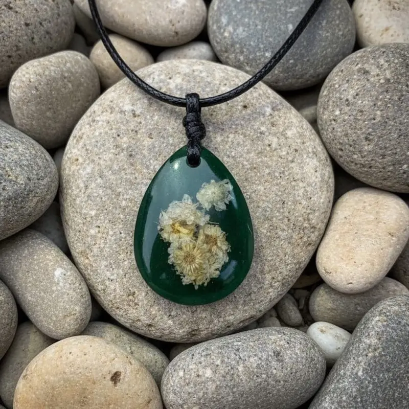 Kalung Edelweiss Emerald  Berbentuk Tetes Air Resin Handmade Bunga Asli Glow in the Dark Tali Adjustable 70 cm Souvenir Unik by Anjay.edelweiss