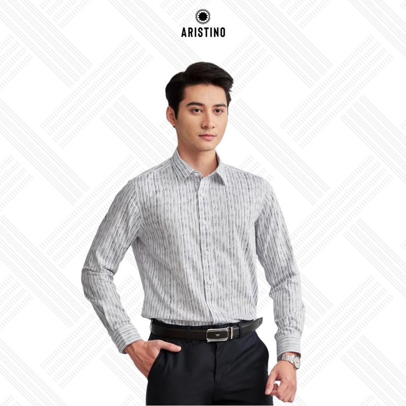  ARISTINO Áo sơ mi dài tay nam  tà lượn không có túi ngực họa tiết sọc in trên nền trắng tạo hiệu ứng tinh tế phom dáng ALS11002 